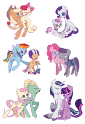 Size: 2760x4041 | Tagged: safe, artist:nimingxiwang168, apple bloom, applejack, fluttershy, maud pie, pinkie pie, rainbow dash, rarity, scootaloo, shining armor, sweetie belle, twilight sparkle, zephyr breeze, earth pony, pegasus, pony, unicorn, g4, apple, apple bloom riding applejack, apple bloom's bow, apple sisters, bow, brother and sister, brotherly love, cutie mark crusaders, drawing, eyes closed, female, filly, foal, food, hair bow, horn, male, mane six, mare, open mouth, open smile, riding, scooter, sibling love, siblings, simple background, sisterly love, sisters, smiling, sparkle siblings, stallion, unicorn twilight, white background