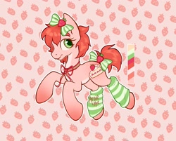 Size: 2035x1637 | Tagged: safe, artist:arnie_mae_, oc, oc only, earth pony, pony, bow, bowtie, clothes, food, hair bow, leg warmers, looking at you, necktie, solo, strawberry, strawberry shortcake, striped leg warmers, tail, tail bow