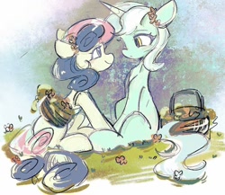 Size: 1184x1029 | Tagged: safe, artist:tieb5, bon bon, lyra heartstrings, sweetie drops, earth pony, pony, unicorn, g4, basket, blushing, female, flower, flower in hair, horn, lesbian, looking at each other, looking at someone, mare, ship:lyrabon, shipping, sitting, smiling