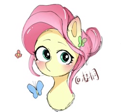 Size: 1239x1146 | Tagged: safe, artist:chunaizhanshen31660, fluttershy, butterfly, pegasus, pony, g4, alternate hairstyle, blushing, bust, female, flower, mare, portrait, simple background, solo, text, white background