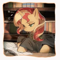 Size: 1280x1280 | Tagged: safe, artist:sunsetshimmer0808, sunset shimmer, pony, unicorn, g4, book, bookshelf, clothes, cosplay, costume, female, harry potter (series), horn, mare, slytherin, solo, studying, text