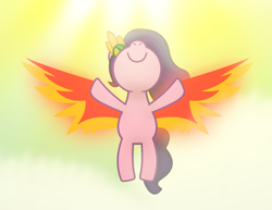 Size: 2200x1700 | Tagged: safe, artist:starless, derpibooru exclusive, pipp petals, pegasus, pony, g5, alternate wings, crown, diadem, female, flying, jewelry, looking up, mare, philomena petals, phoenix wings, pink coat, raised leg, regalia, sky, smiling, solo, spread wings, sun, tail, two toned mane, two toned tail, wings