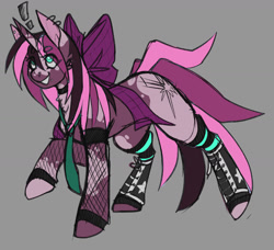 Size: 1433x1309 | Tagged: safe, artist:nega subucni, oc, oc only, pony, unicorn, bow, clothes, coat markings, hair bow, horn, necktie, punk, simple background, smiling, solo