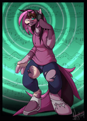 Size: 2162x3000 | Tagged: safe, artist:nega subucni, oc, oc only, human, pony, unicorn, bipedal, clothes, coat markings, glasses, headphones, high res, horn, human to pony, hypno eyes, music, ripping clothes, solo, transformation