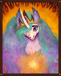 Size: 2425x3026 | Tagged: safe, artist:blavatflowers, princess celestia, alicorn, pony, g4, bust, crying, curved horn, female, fire, high res, horn, looking at you, mare, portrait, solo, sun