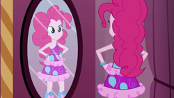 Size: 1539x866 | Tagged: safe, screencap, pinkie pie, human, equestria girls, g4, my little pony equestria girls, bare shoulders, boots, bracelet, clothes, dress, fall formal outfits, female, jewelry, mirror, shoes, sleeveless, solo, straps, this is our big night