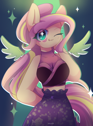 Size: 2230x3000 | Tagged: safe, artist:miryelis, fluttershy, human, rainbow rocks 10th anniversary, equestria girls, g4, my little pony equestria girls: rainbow rocks, :3, clothes, cute, cyan eyes, dress, ears, female, floating wings, gradient background, long hair, looking at you, one eye closed, ponied up, pony ears, shyabetes, smiling, solo, sparkles, two toned hair, wings, wink