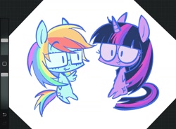 Size: 1640x1205 | Tagged: safe, artist:ieatedyuripizza, rainbow dash, twilight sparkle, pegasus, pony, unicorn, g4, art program in frame, duo, duo female, egghead dash, egghead sparkle, female, glasses, horn, mare, nerd, procreate app, sitting, smiling