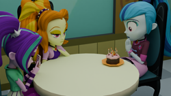 Size: 3840x2160 | Tagged: safe, artist:northern haste, adagio dazzle, aria blaze, sonata dusk, human, rainbow rocks 10th anniversary, equestria girls, g4, 3d, 4k, birthday cake, blender, bored, cake, female, food, high res, phone, taco, that siren sure does love tacos, the dazzlings, trio, trio female