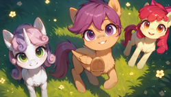 Size: 3840x2176 | Tagged: safe, ai assisted, ai content, generator:stable diffusion, generator:tponynai3, prompter:truekry, apple bloom, scootaloo, sweetie belle, earth pony, pegasus, pony, unicorn, g4, adorabloom, bandaid, bandaid on nose, bipedal, bipedal leaning, blank flank, cute, cutealoo, cutie mark crusaders, cutie mark cuties, diasweetes, female, flower, folded wings, grass, horn, leaning, looking at you, meadow, raised hoof, reaching, sitting, trio, trio female, underhoof, wallpaper, wings