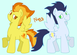 Size: 1825x1313 | Tagged: safe, artist:naggfruit, soarin', spitfire, pegasus, g4, duo, duo male and female, female, looking at each other, looking at someone, male, ship:soarinfire, shipping, simple background, spread wings, straight, wings