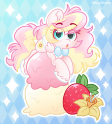 Size: 1280x1408 | Tagged: safe, artist:ninnydraws, oc, oc only, oc:ninny, pegasus, blushing, bowtie, colored wings, eye clipping through hair, female, folded wings, food, gradient background, heart, heart eyes, ice cream, looking at you, lying down, mare, micro, necktie, patterned background, solo, two toned mane, two toned wings, wingding eyes, wings