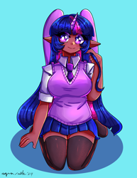 Size: 2550x3300 | Tagged: safe, artist:mylittleyuri, twilight sparkle, alicorn, human, g4, big breasts, blue background, breasts, busty twilight sparkle, clothes, dark skin, elf ears, eyebrows, eyebrows visible through hair, high res, horn, horned humanization, humanized, kneeling, looking offscreen, necktie, signature, simple background, skirt, smiling, solo, stockings, thigh highs, twilight sparkle (alicorn), vest, white pupils, winged humanization, wings