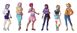 Size: 1224x534 | Tagged: safe, artist:dorkyalexandra, applejack, fluttershy, pinkie pie, rainbow dash, rarity, twilight sparkle, human, g4, alternate hairstyle, applejack's hat, belly, belly button, belt, boots, bracelet, cellphone, clothes, coat, converse, cowboy boots, cowboy hat, dark skin, denim, dress, eyeshadow, female, fishnet clothing, hat, high heel boots, humanized, jeans, jewelry, lipstick, makeup, mane six, mary janes, midriff, necklace, pants, phone, rainbow socks, ring, ripped pants, shirt, shoes, shorts, simple background, skirt, smartphone, socks, spiked wristband, striped socks, t-shirt, torn clothes, wall of tags, white background, wristband