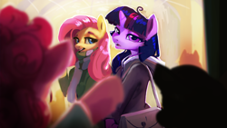 Size: 1920x1080 | Tagged: safe, artist:hierozaki, fluttershy, pinkie pie, twilight sparkle, earth pony, pegasus, unicorn, semi-anthro, g4, clothes, female, horn, lidded eyes, looking at you, mare, open mouth, purse, scarf, trio