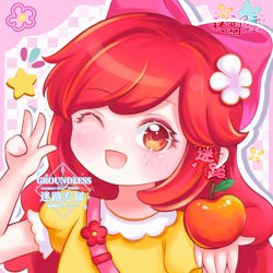 Size: 2000x2000 | Tagged: safe, artist:迷路miluto, apple bloom, human, g4, abstract background, adorabloom, apple, avatar, blushing, bust, chibi, chinese, cute, flower, flower in hair, food, humanized, looking at you, miniworld, one eye closed, outline, portrait, solo, text, weapons-grade cute, white outline, wink