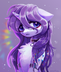 Size: 3000x3500 | Tagged: safe, artist:anastas, rarity, pony, unicorn, g4, 3d cutie mark, abstract background, alternate hairstyle, alternative cutie mark placement, arm band, arm cuffs, armlet, blue eyes, blushing, chest fluff, choker, cute, digital painting, draw this in your style, ear fluff, eyebrows, eyelashes, female, floppy ears, flowing mane, halfbody, high res, horn, human shoulders, jewelry, lens flare, lineless, long mane, looking at you, looking down, looking down at you, loose hair, mare, purple mane, raribetes, shiny mane, shoulder cutie mark, slender, solo, sparkles, sparkly background, thin, unicorn horn, wavy mane, white coat