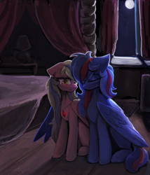 Size: 3000x3500 | Tagged: safe, artist:anastas, oc, oc only, oc:redline lightwing, oc:sindy silence, pegasus, pony, undead, vampire, bed, crying, detailed, detailed background, duo, duo female, eyes closed, female, floppy ears, folded wings, hug, indoors, jewelry, lesbian, mare, moon, necklace, signature, sitting, window, wings