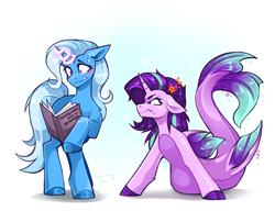 Size: 3264x2506 | Tagged: safe, artist:buvanybu, starlight glimmer, trixie, merpony, pony, seapony (g4), unicorn, g4, angry, blushing, book, cloven hooves, cross-popping veins, dorsal fin, duo, duo female, emanata, female, fin, fins, fish tail, flowing mane, flowing tail, frown, glare, glowing, glowing horn, gradient background, gritted teeth, high res, horn, looking at someone, magic, mare, nervous sweat, pony to merpony, reading, seaponified, seapony starlight glimmer, signature, species swap, spell gone wrong, spellbook, standing on three hooves, starlight glimmer is not amused, sweat, sweatdrops, tail, teeth, transformation, transformed, unamused