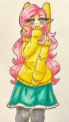 Size: 2085x3635 | Tagged: safe, artist:mylittleyuri, fluttershy, human, g4, blush lines, blushing, clothes, cute, elf ears, eye clipping through hair, eyebrows, eyebrows visible through hair, female, high res, humanized, leggings, looking at you, photo, shyabetes, skirt, smiling, smiling at you, solo, sweater, sweatershy, traditional art, winged humanization, wings