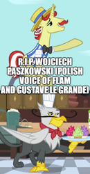 Size: 500x962 | Tagged: safe, edit, edited screencap, screencap, flam, gustave le grande, griffon, pony, unicorn, g4, comic, horn, in memoriam, male, polish, rest in peace, stallion, voice actor, wojciech paszkowski