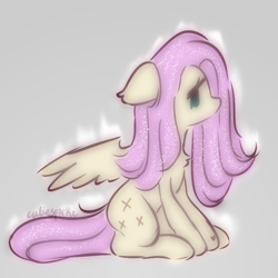 Size: 730x730 | Tagged: safe, artist:cutiesparke, fluttershy, pegasus, pony, g4, alternate hairstyle, aura, chest fluff, ear fluff, female, gray background, hoof heart, simple background, sitting, solo, sparkles, spread wings, underhoof, wings