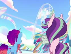 Size: 1409x1080 | Tagged: safe, artist:disaterror, edit, edited screencap, part of a set, screencap, delightful trifle, minty skylark, misty brightdawn, ollie north, plum library, starlight glimmer, pony, unicorn, emotional rollercoaster, g4, g5, my little pony: tell your tale, spoiler:g5, spoiler:my little pony: tell your tale, spoiler:tyts02e15, amusement park, blue coat, cloud, colored belly, colored horn, curly mane, curly tail, curved horn, duo, duo female, female, g4 to g5, generation leap, generational ponidox, glowing, glowing horn, gradient mane, gradient tail, horn, long horn, looking at something, magic, mare, notepad, outdoors, pink coat, rear view, rebirth misty, roller coaster, sky, tail, telekinesis, tell your tale accurate, theme park, three toned mane, three toned tail, time travel, time travel glimmer, unicorn horn