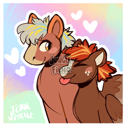 Size: 2200x2200 | Tagged: safe, artist:junglefiend, oc, oc:maple fire, horse, pegasus, pony, :p, brown coat, duo, eyes closed, gradient background, outline, passepartout, rainbow background, smiling, tongue out, white outline