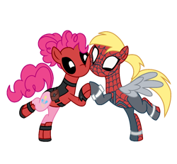 Size: 1020x944 | Tagged: safe, artist:dazzle, derpy hooves, pinkie pie, earth pony, pegasus, pony, g4, base used, blonde, clothes, cosplay, costume, curly mane, deadpool, duo, duo female, female, mare, marvel, pinkiepool, ponytail, simple background, spidermare, superhero, transparent background