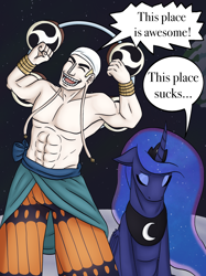 Size: 1784x2388 | Tagged: safe, alternate version, artist:theedgyduck, princess luna, alicorn, human, pony, g4, abs, anime, bracelet, clothes, crossover, crown, dialogue, duo, duo male and female, enel, eyes closed, eyeshadow, female, jewelry, makeup, male, mare, moon, nudity, on the moon, one piece, partial nudity, regalia, sitting, topless