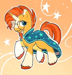 Size: 1803x1886 | Tagged: safe, artist:arnie_mae_, pony, unicorn, g4, cape, clothes, coat markings, freckles, glasses, gradient background, horn, looking at you, male, smiling, socks (coat markings), solo, stallion, unshorn fetlocks