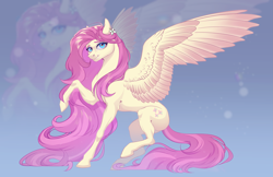 Size: 4121x2673 | Tagged: safe, artist:copshop, fluttershy, pegasus, pony, g4, concave belly, female, fit, gradient background, long mane, looking at you, mare, raised hoof, raised leg, slender, solo, spread wings, thin, wings, zoom layer