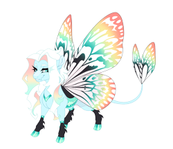 Size: 4300x3700 | Tagged: safe, artist:gigason, oc, oc only, oc:tree nymph, changepony, hybrid, g4, adoptable, blue body, blue eyes, blue hooves, butterfly tail, butterfly wings, changeling hybrid, cloven hooves, coat markings, colored eyebrows, colored hooves, colored pinnae, colored wings, ear fluff, eye clipping through hair, eyelashes, facial markings, fangs, female, female oc, hooves, hybrid oc, interspecies offspring, light blue body, looking down, magical lesbian spawn, multicolored tail, multicolored wings, offspring, parent:oc:glow wing, parent:rainbow dash, parents:canon x oc, rainbow tail, rainbow wings, shiny hooves, simple background, smiling, snip (coat marking), socks (coat markings), solo, spikes, standing, tail, thick eyelashes, thin tail, three quarter view, transparent background, wall of tags, watermark, wings