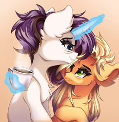 Size: 4000x4100 | Tagged: safe, artist:natanvok, applejack, rarity, earth pony, pony, unicorn, g4, alternate hairstyle, coffee mug, duo, duo female, ear fluff, female, glowing, glowing horn, horn, lesbian, levitation, magic, magic aura, mare, mug, ship:rarijack, shipping, telekinesis