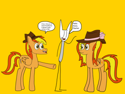 Size: 2224x1668 | Tagged: safe, artist:robertleyvaiii, oc, oc only, oc:chuk, oc:firey rachel, oc:firey ratchet, pegasus, fedora, female, hat, male, orange background, simple background, trio