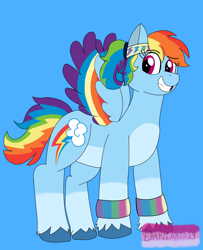 Size: 1680x2066 | Tagged: safe, artist:daniarts19, rainbow dash, pegasus, pony, g4, blue background, female, grin, headband, ponytail, redesign, simple background, smiling, solo, wristband