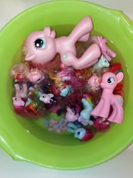 Size: 1196x1600 | Tagged: safe, minty, mom dash, pinkie pie, pinkie pie (g3), rainbow dash, rainbow dash (g3), starlight glimmer, starsong, twilight sparkle, g3, g3.5, g4, bath, brushable, bucket, bucket of water, irl, merchandise, photo, ponyville, toy, water