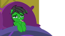 Size: 1280x720 | Tagged: safe, artist:star-armour95, oc, oc only, oc:star armour, pegasus, g4, bed, blanket, male, pillow, sick, simple background, solo, thermometer, transparent background, vector