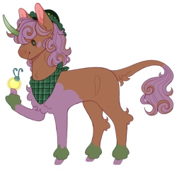 Size: 1565x1500 | Tagged: safe, artist:sleepy-nova, oc, oc only, oc:raspberry, firefly (insect), insect, pony, unicorn, bandana, chest fluff, chibi, coat markings, colored hooves, colored horn, colored legs, colored pinnae, curly mane, curly tail, curved horn, dot eyes, ear fluff, facial markings, gradient horn, green eyes, hat, hock fluff, hooves, horn, leg markings, leonine tail, long mane, looking at something, neckerchief, orange coat, profile, simple background, smiling, socks (coat markings), solo, standing, tail, tail fluff, tall ears, transparent background, two tone tailk, two toned mane, unicorn horn, unicorn oc, white hooves, white mane, white tail