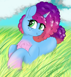 Size: 2082x2277 | Tagged: safe, artist:marbatra, misty brightdawn, pony, unicorn, g5, chest fluff, cloud, cute, female, freckles, grass, happy, horn, lying down, lying in grass, mare, mistybetes, prone, rebirth misty, sky, smiling, solo