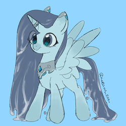 Size: 4096x4096 | Tagged: safe, artist:metaruscarlet, oc, oc only, unnamed oc, alicorn, alicorn oc, blue background, gem, horn, horn ring, pegasus wings, ring, simple background, solo, spread wings, wings