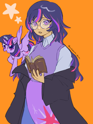 Size: 3072x4096 | Tagged: safe, artist:metaruscarlet, twilight sparkle, alicorn, human, pony, g4, book, clothes, cutie mark on clothes, glasses, horn, humanized, open book, open mouth, orange background, shirt, simple background, spread wings, stars, twilight sparkle (alicorn), wings