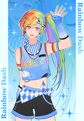 Size: 2126x3071 | Tagged: safe, artist:fantakun, rainbow dash, human, g4, arm warmers, belly, belly button, clothes, gradient background, humanized, leg warmers, shoes, shorts, solo, sparkles, text