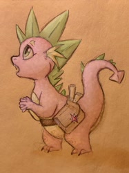 Size: 1478x1971 | Tagged: safe, artist:smolflaffybun, spike, dragon, g4, bag, excitement, male, open mouth, redesign, scroll, solo, standing, traditional art, younger