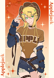 Size: 2126x3071 | Tagged: safe, artist:fantakun, applejack, human, g4, arm warmers, belt, boots, clothes, denim, denim shorts, gradient background, humanized, leg warmers, shirt, shoes, shorts, solo, sparkles, t-shirt, text