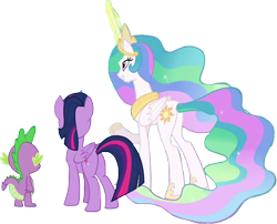 Size: 3126x2520 | Tagged: safe, edit, edited screencap, editor:homersimpson1983, screencap, princess celestia, spike, twilight sparkle, alicorn, dragon, pony, g4, background removed, butt, crown, episode needed, female, folded wings, glowing, glowing horn, grin, high res, hoof shoes, horn, jewelry, magic, magic aura, male, mare, not a vector, peytral, plot, raised hoof, rear view, regalia, simple background, smiling, sunbutt, transparent background, trio, twibutt, twilight sparkle (alicorn), wingless spike, wings