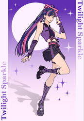 Size: 2126x3071 | Tagged: safe, artist:fantakun, twilight sparkle, human, g4, arm warmers, boots, clothes, gradient background, humanized, long socks, necktie, outline, shoes, skirt, solo, sparkles, white outline