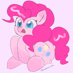 Size: 4096x4096 | Tagged: safe, artist:metaruscarlet, pinkie pie, earth pony, pony, g4, pink background, raised hoof, simple background, sitting, solo, tongue out