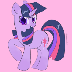 Size: 4096x4096 | Tagged: safe, artist:metaruscarlet, twilight sparkle, pony, unicorn, g4, horn, looking at you, open mouth, pink background, raised hoof, simple background, solo, teeth, unicorn twilight