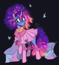 Size: 1749x1938 | Tagged: safe, artist:peachmichea, misty brightdawn, pony, unicorn, g5, my little pony: tell your tale, sleepover!!, spoiler:g5, spoiler:my little pony: tell your tale, spoiler:tyts02e18, black background, clothes, female, horn, mare, nightgown, pajamas, pillow, rebirth misty, simple background, slender, solo, thin